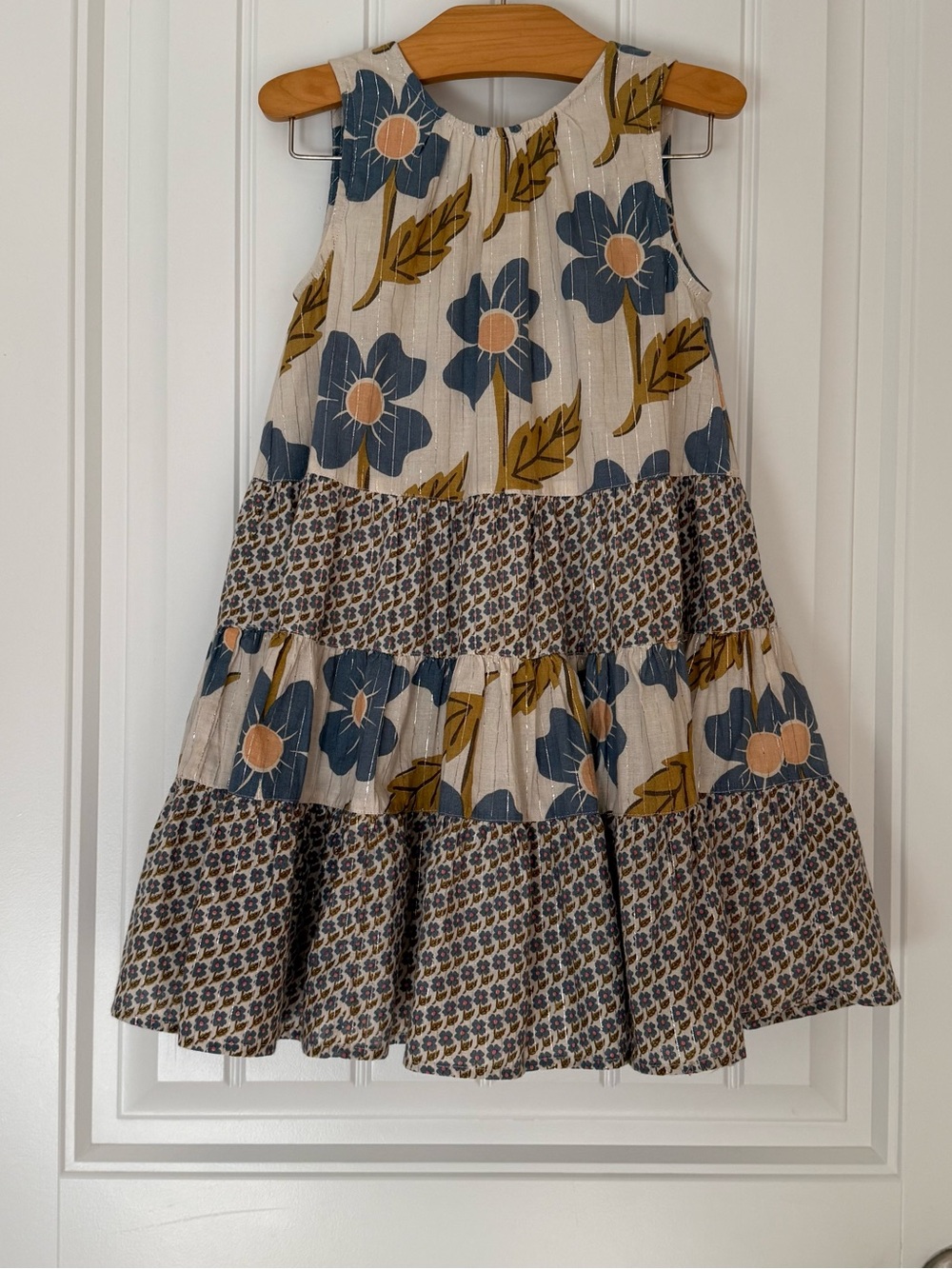 Pink Chicken Pearl Dress Size 5Y Blue Floral Tiered Back Bow Boho Cottagecore